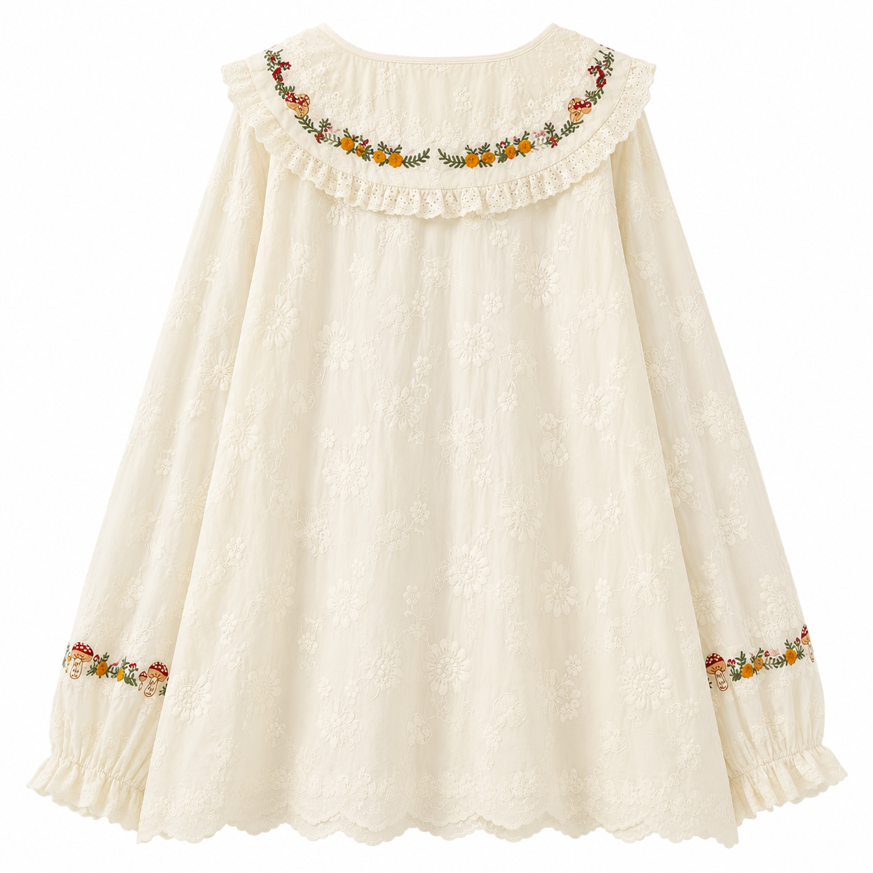 Cream Cottagecore Embroidered Lace Blouse