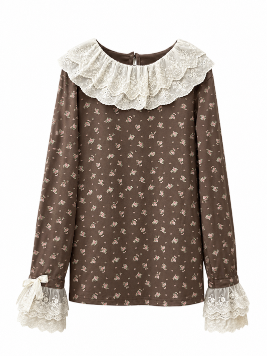 Mori Girl Dusty Rose Ditsy Floral Lace Collar T-Shirt