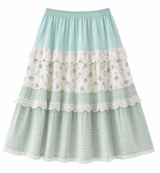 Blue Cottagecore Lace Patchwork Skirt