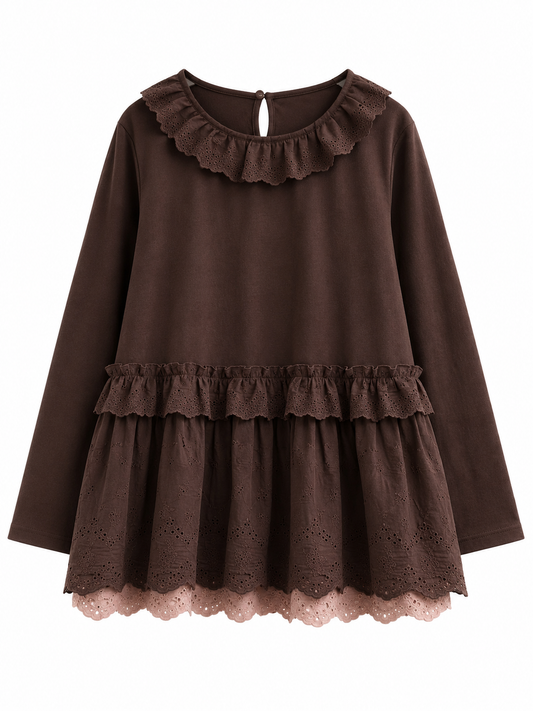 Mori Girl Tiered Eyelet Ruffle Blouse in Dark Cocoa