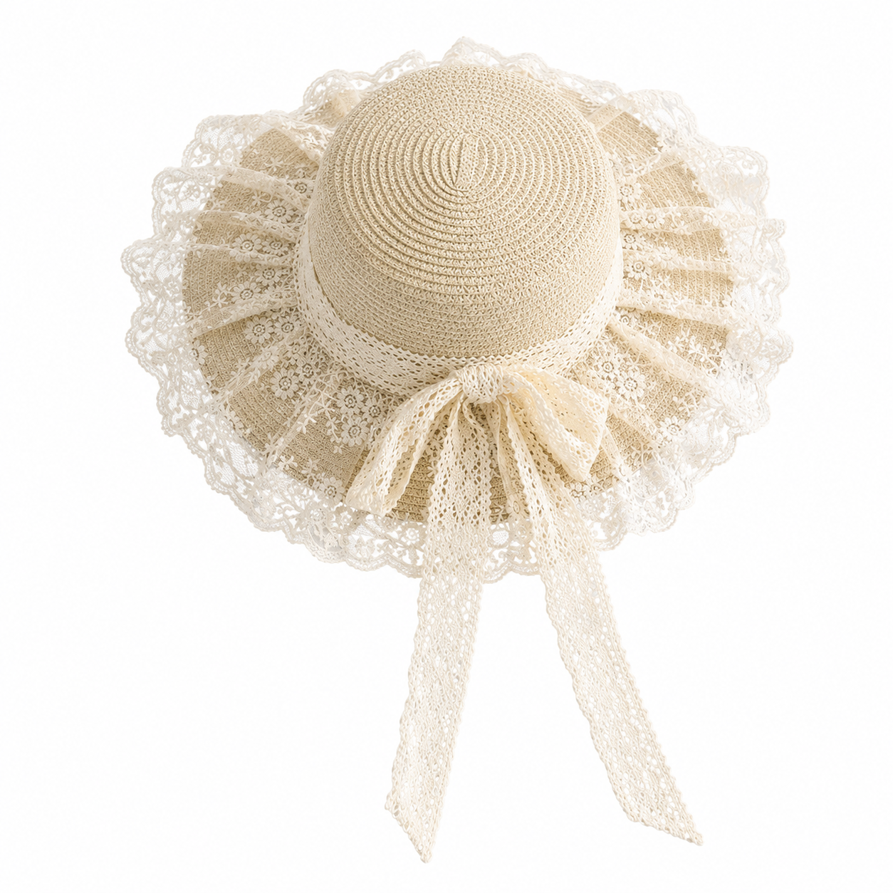 Cottagecore Lace Ruffle Straw Hat with Trailing Bow