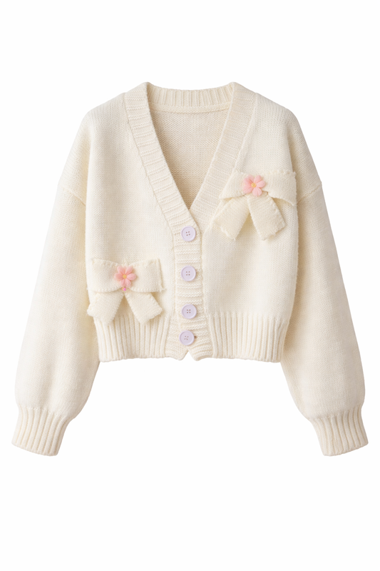 Fairycore Cream Bow & Blossom Knit Cardigan
