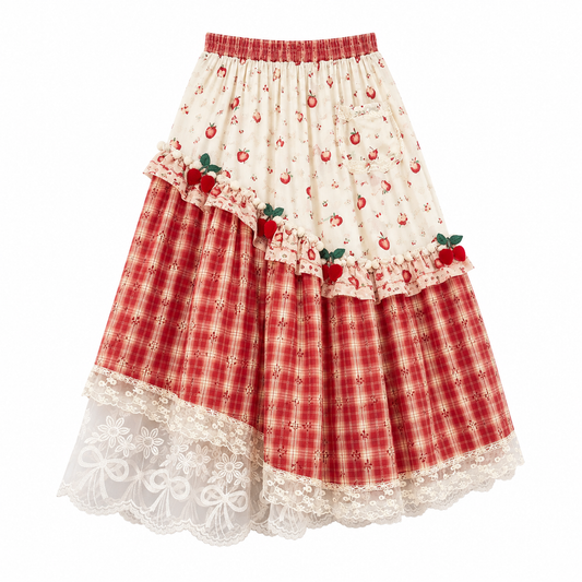 Strawberry Cottagecore Lace Midi Skirt