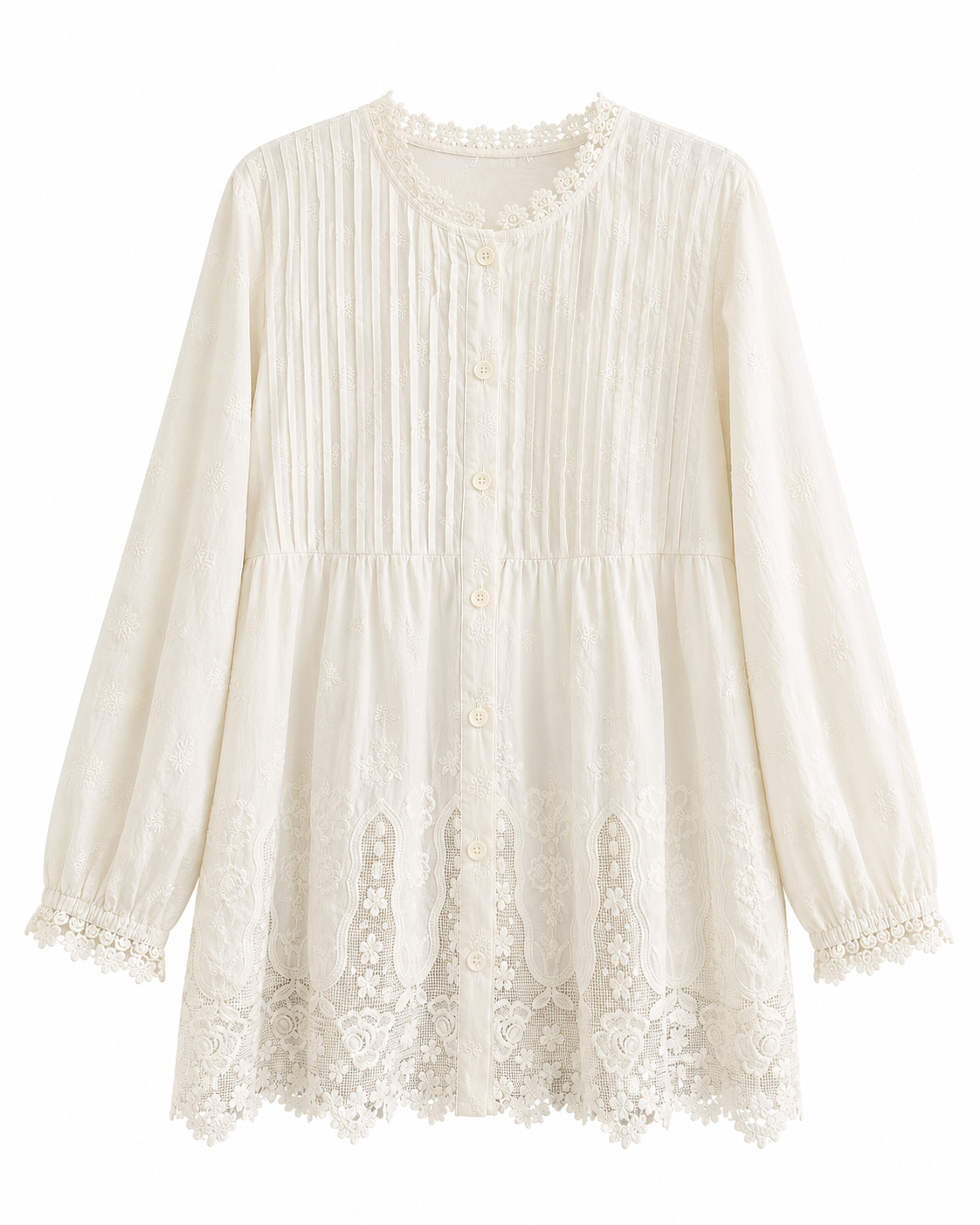 Mori Girl Ivory Pintuck Lace Hem Shirt
