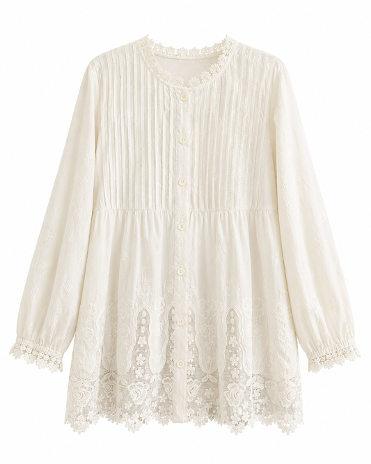 Mori Girl Ivory Pintuck Lace Hem Shirt