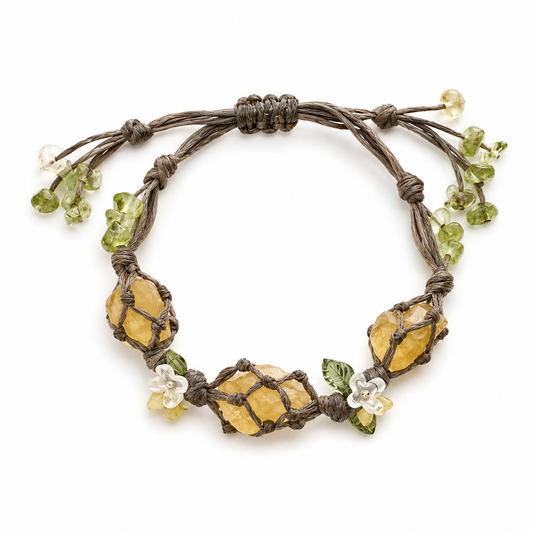 Goblincore Citrine Stone & Wildflower Macramé Bracelet