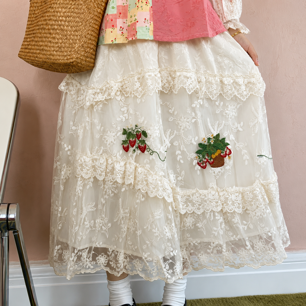 White Cottagecore Strawberry Lace Skirt