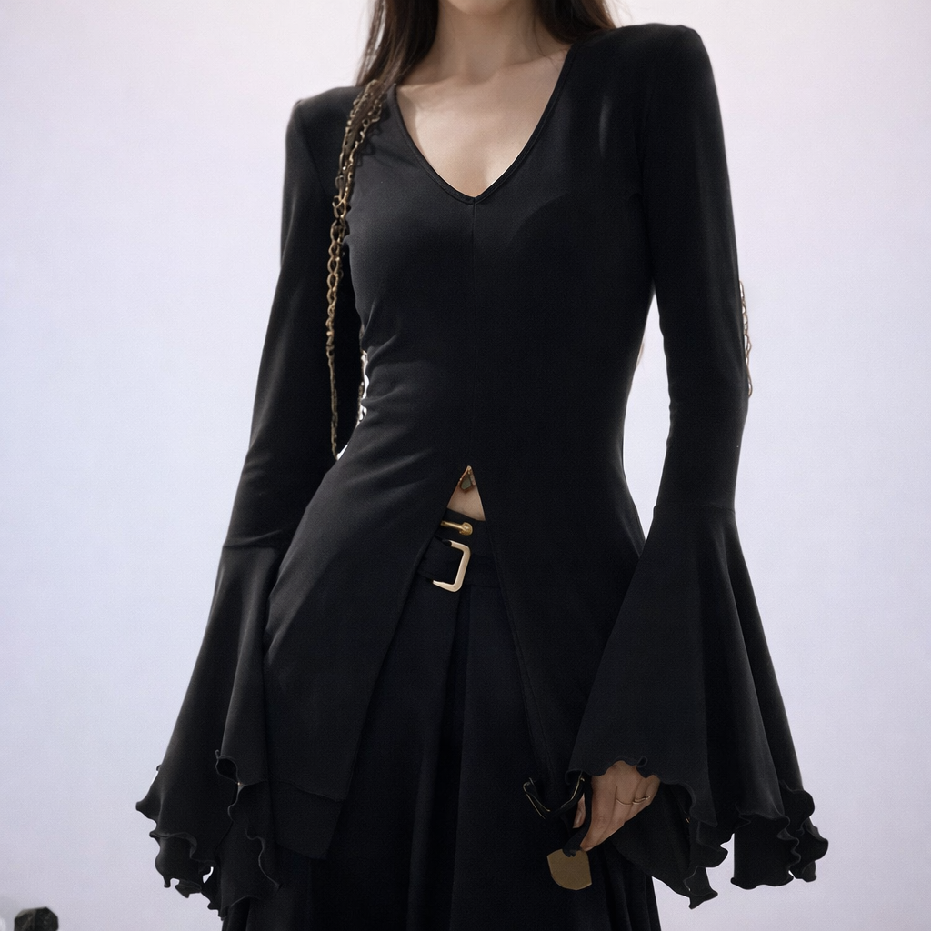 Fairy Grunge Midnight Bell-Sleeve Top