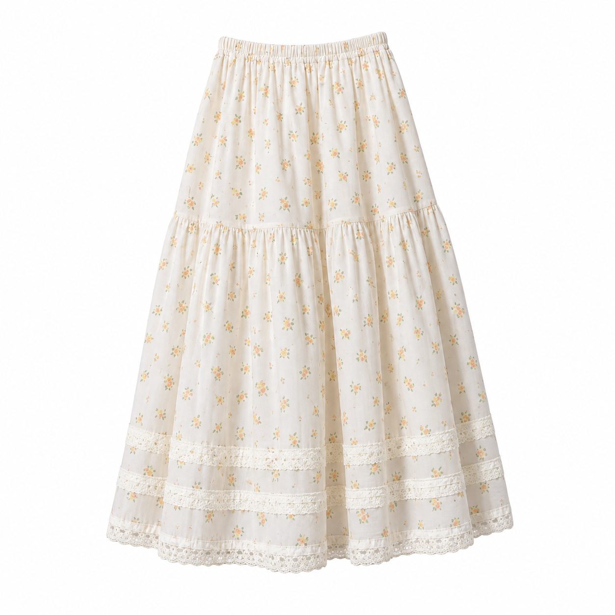 Prairie Ditsy Floral Lace-Hem Midi Skirt