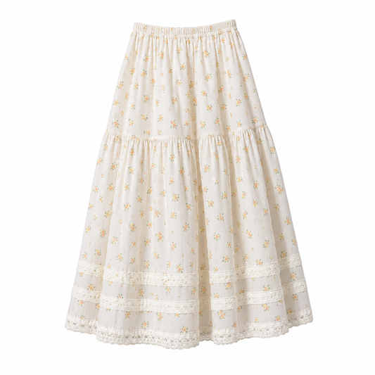 Prairie Ditsy Floral Lace-Hem Midi Skirt