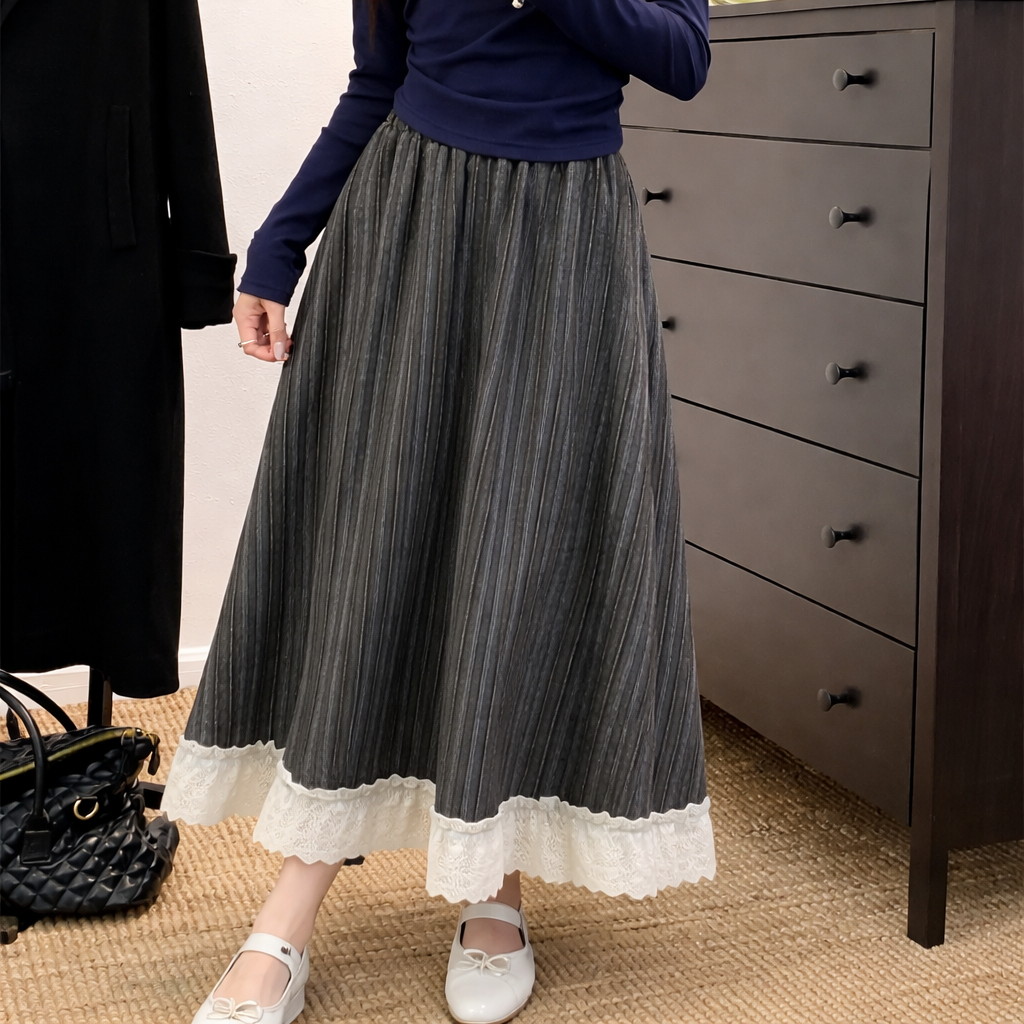 Dark Cottagecore Charcoal Stripe & Cream Lace Midi Skirt