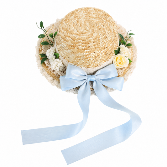 Cottagecore Floral Lace Straw Hat with Ribbon Bow