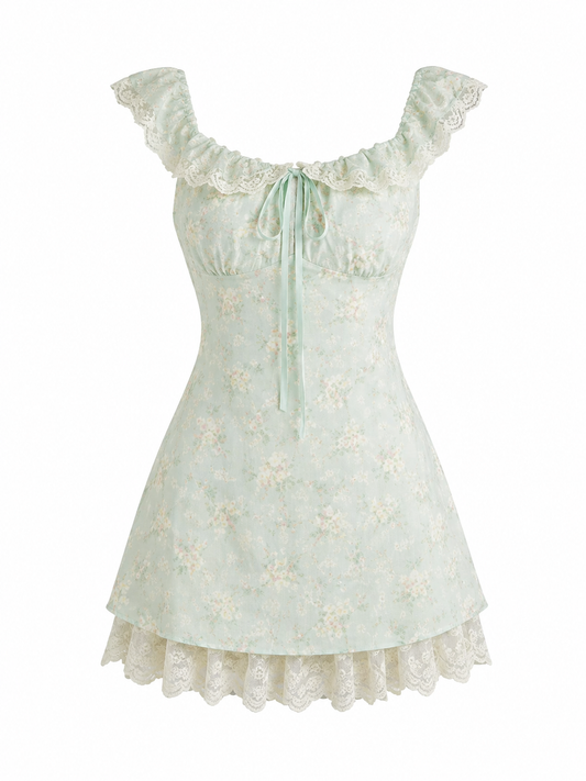 Cottagecore Mint Floral Lace-Trim Mini Dress