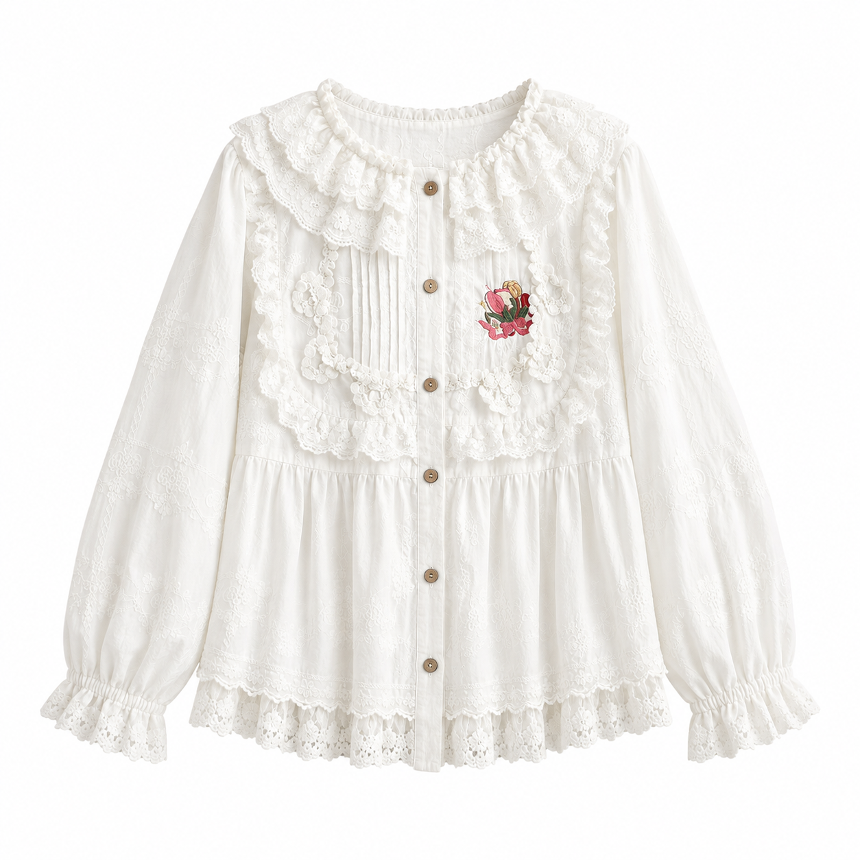Mori Girl Cream Lace Ruffle Embroidery Blouse