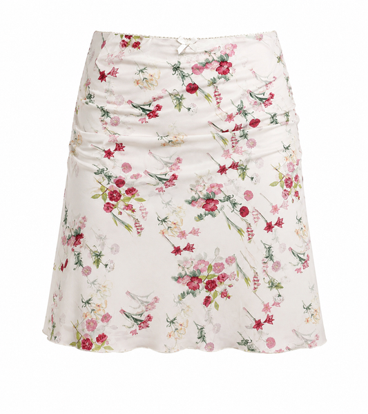 Fairycore Ruched Floral Satin Mini Skirt