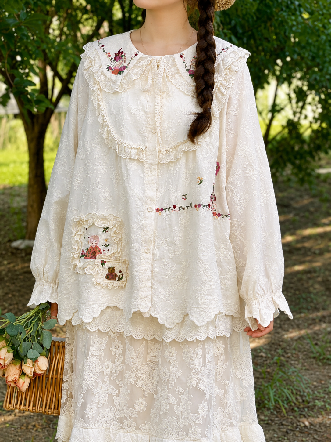 Mori Girl Birdcage Garden Embroidered Lace Blouse