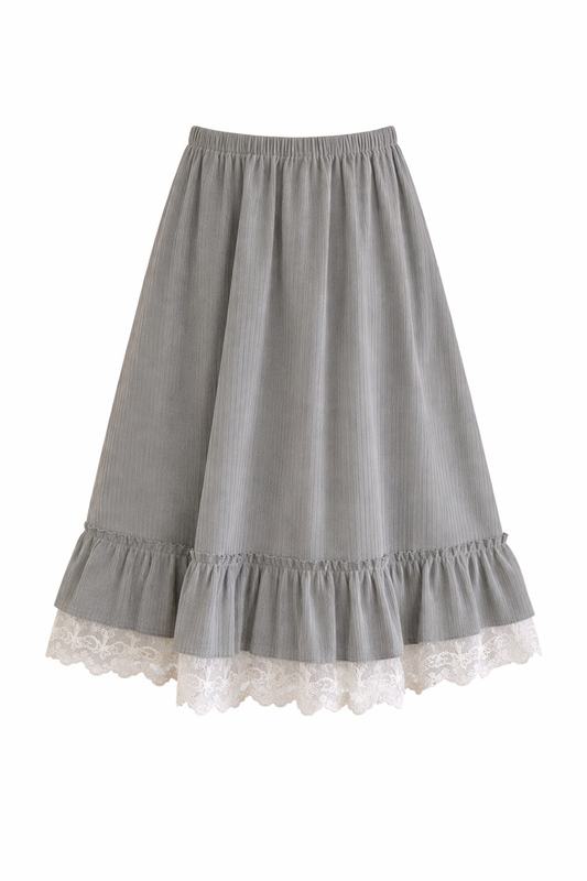 Mori Girl Ashen Ruffle & Lace Midi Skirt