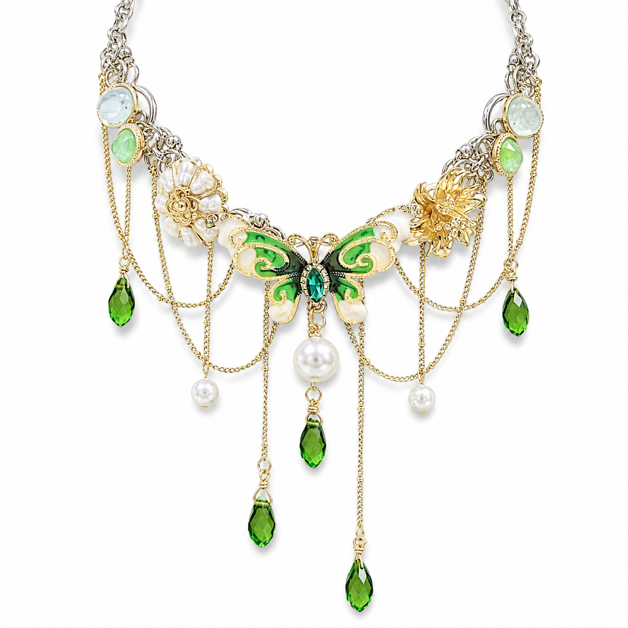 Fairycore Emerald Butterfly Draped Crystal Necklace