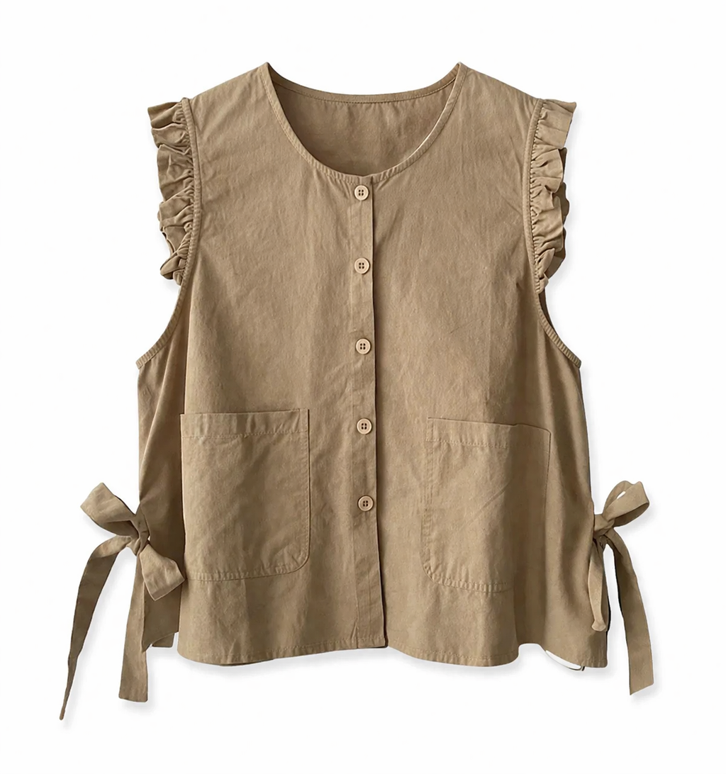 Mori Girl Ruffle-Shoulder Tie Vest in Sand
