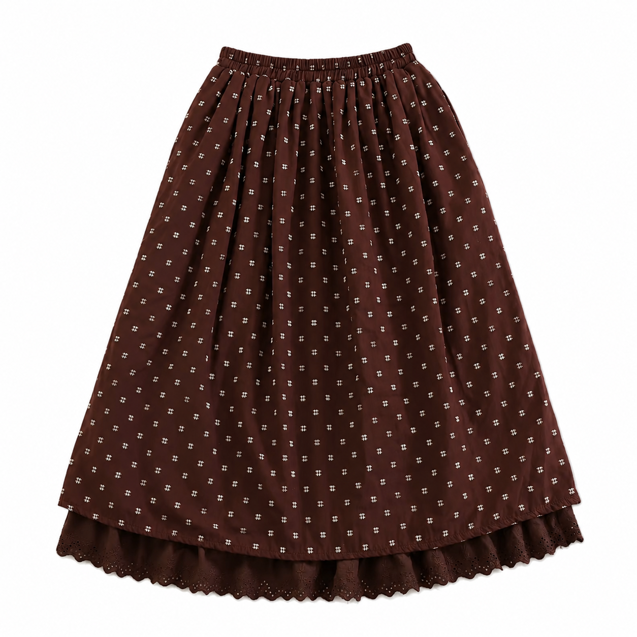 Dark Cottagecore Eyelet Hem Double-Layer Midi Skirt