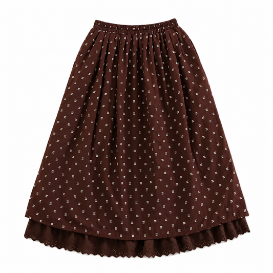 Dark Cottagecore Eyelet Hem Double-Layer Midi Skirt