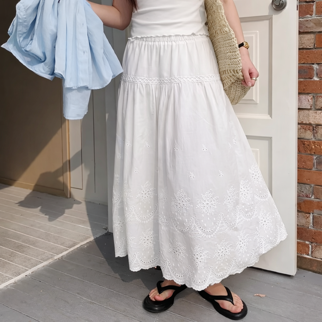 Fairycore Broderie Anglaise Midi Skirt in White