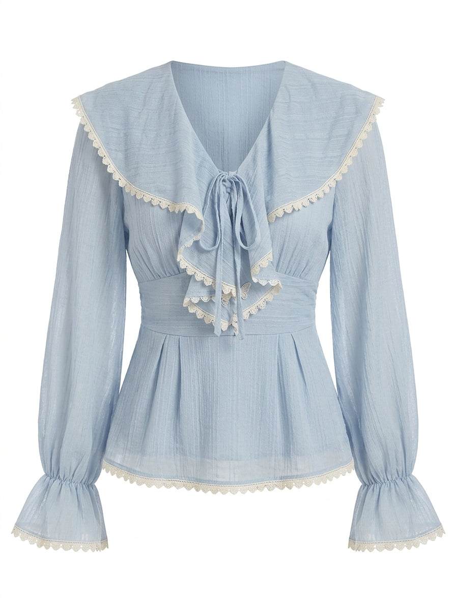 Cottagecore Scalloped Sailor Collar Ruffle Blouse
