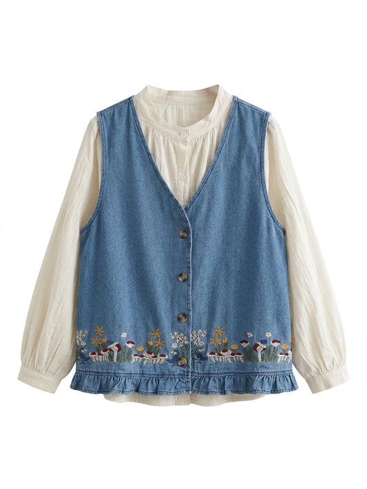 Cottagecore Embroidered Denim Vest