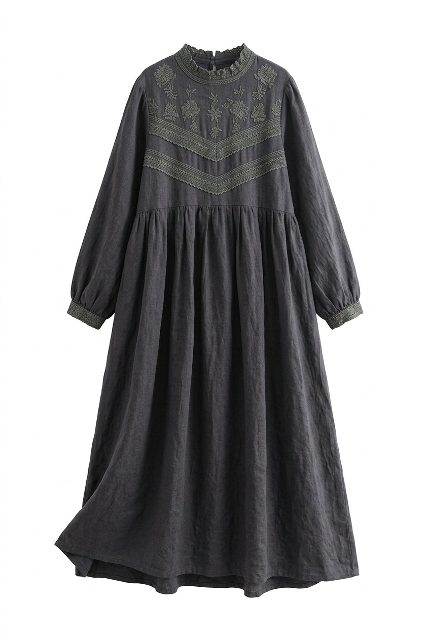 Mori Girl Woven Yoke Gathered Midi Dress
