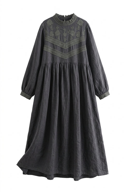 Mori Girl Woven Yoke Gathered Midi Dress