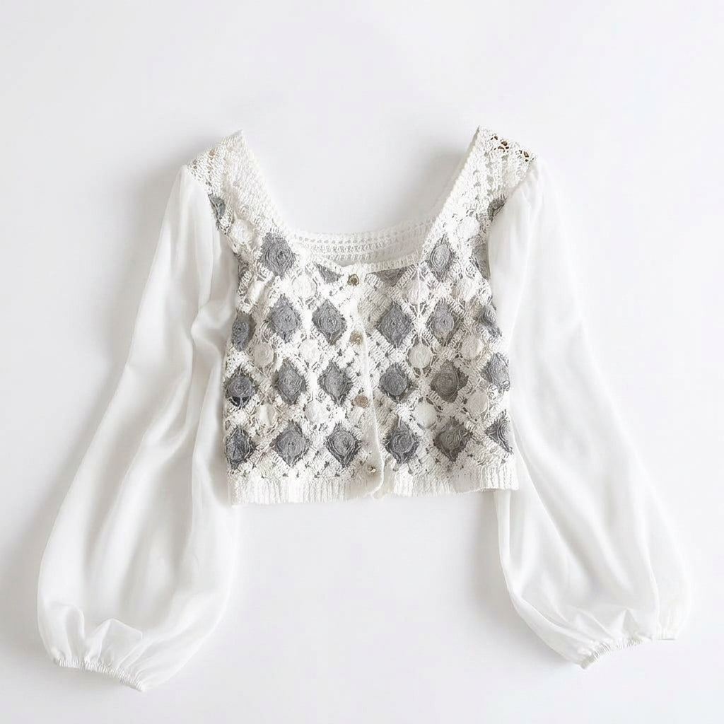 Cottagecore Grey Rose Diamond Lattice Blouse