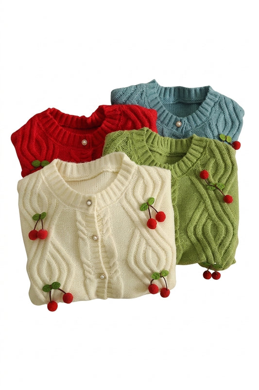 Cottagecore Cherry Harvest Cable Knit Cardigan