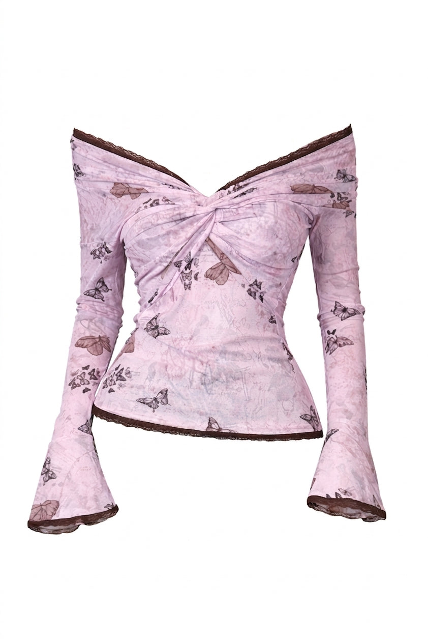Fairycore – Schulterfreies Netzoberteil mit Blumenmuster