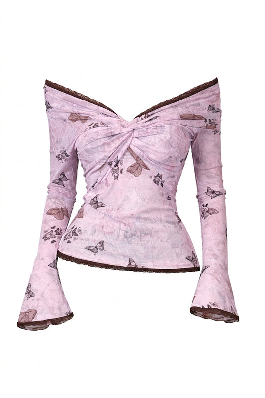 Fairycore – Schulterfreies Netzoberteil mit Blumenmuster