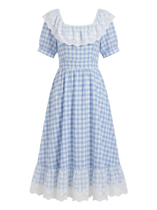 Cottagecore Plaid Lace Ruffle Midi Dress