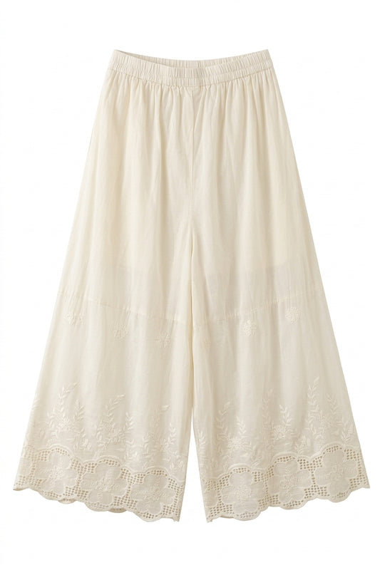 Mori Girl Embroidered Eyelet Lace Wide-Leg Pants