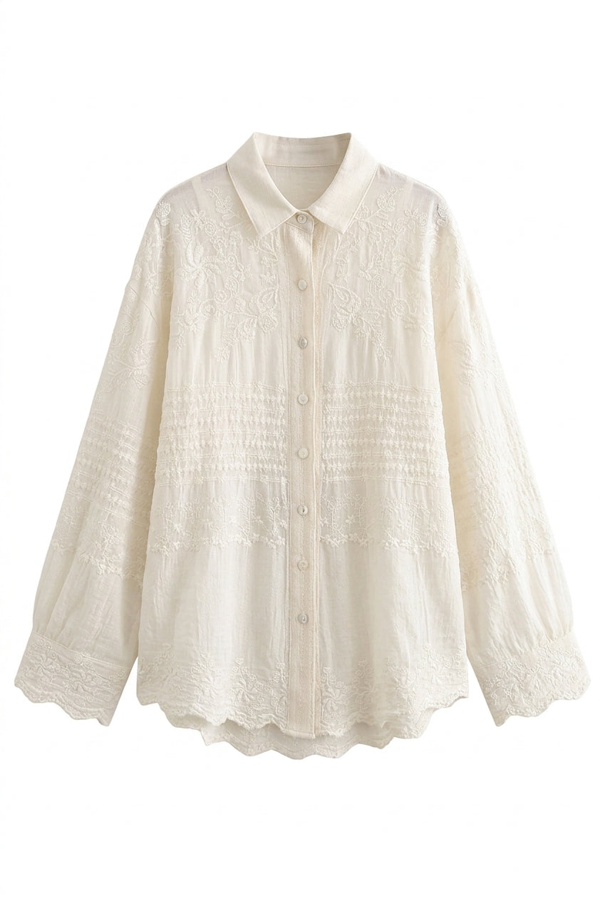 Vintage Aesthetic Ivory Embroidered Lace Panel Shirt