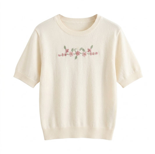 Vintage Aesthetic Floral Garland Cream Knit Blouse