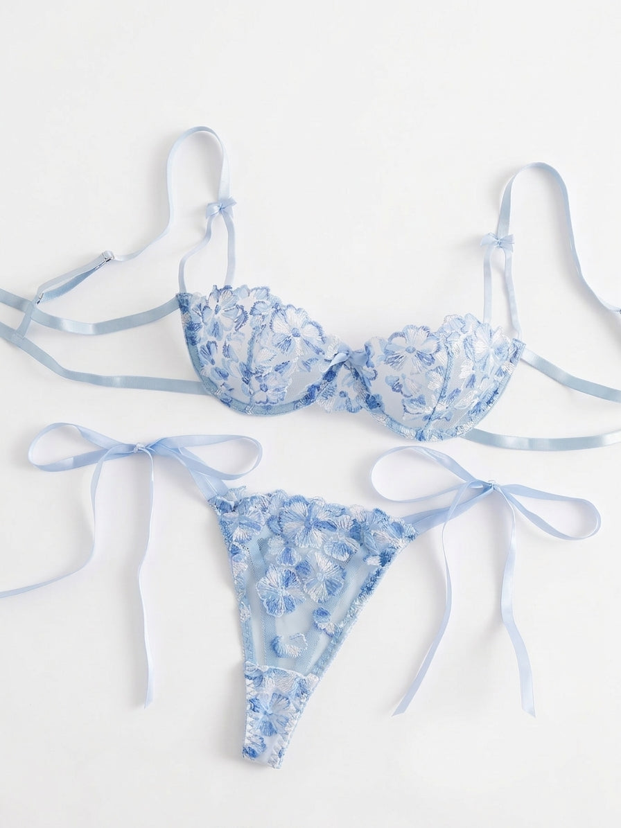Ethereal Forget-Me-Not Embroidered Lingerie Set