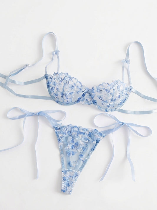 Ethereal Forget-Me-Not Embroidered Lingerie Set