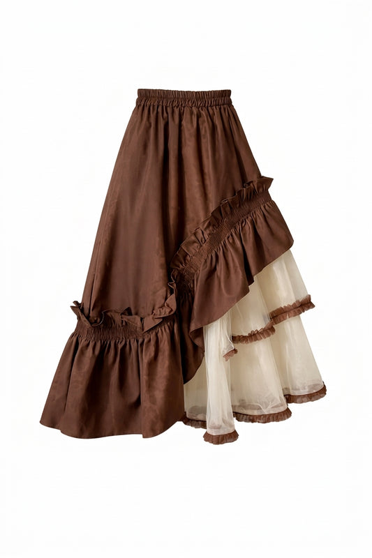 Mori Girl Ruffle & Organza Asymmetric Skirt