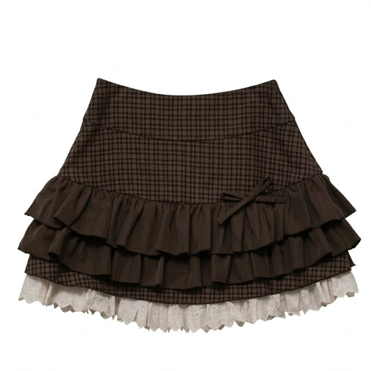 Dark Cottagecore Tiered Ruffle Plaid Mini Skirt