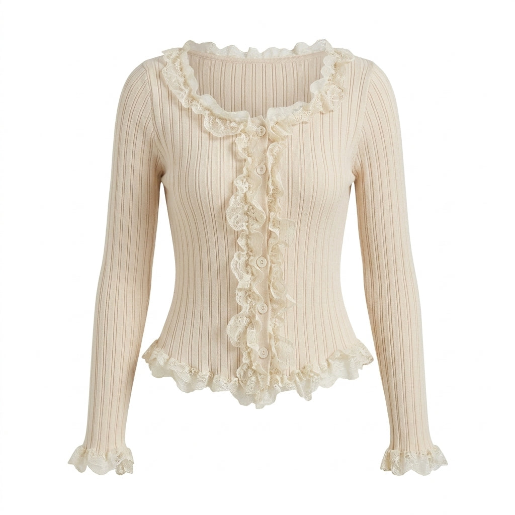 Cottagecore Lace Ruffle Ribbed Cardigan