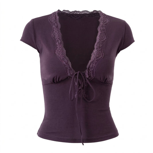 Fairycore Crop-Top mit Spitzenband vorne