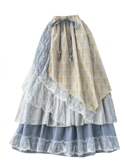 Mori Girl Blue Floral Patchwork Lace Skirt