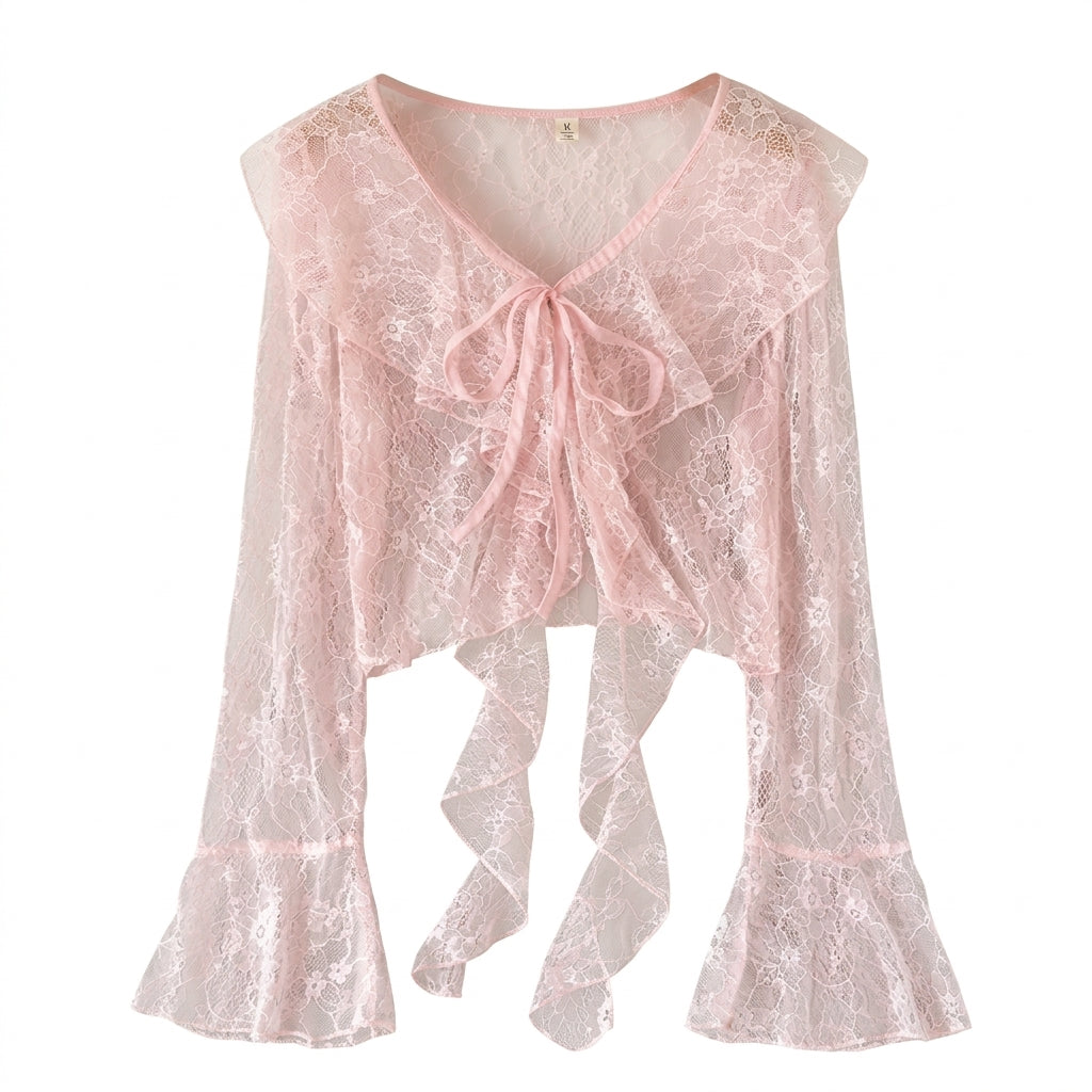 Fairycore Blush Lace Ribbon-Tie Blouse