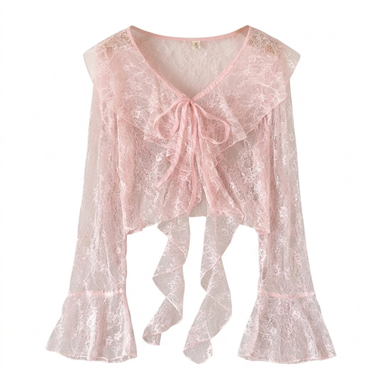 Fairycore Blush Lace Ribbon-Tie Blouse