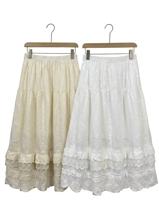 Cottagecore Embroidered Lace-Tiered Maxi Skirt