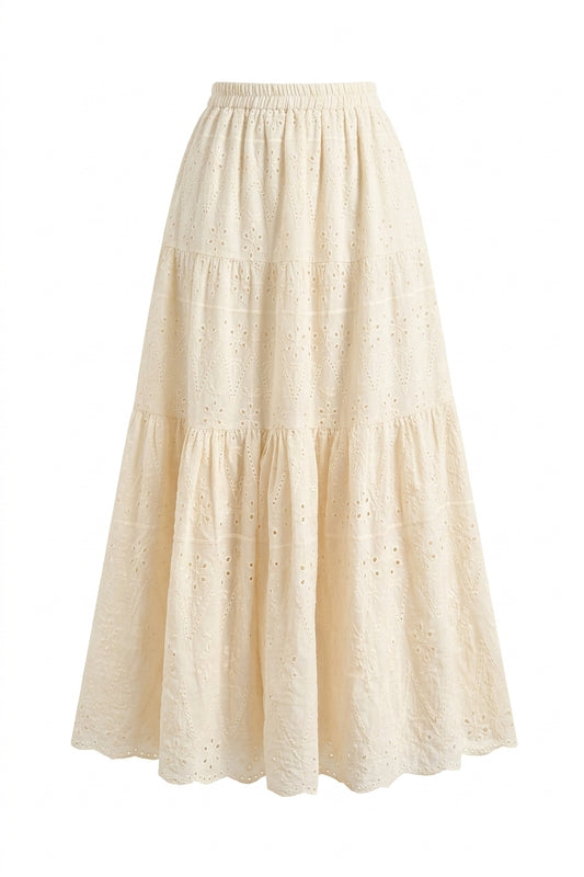 Cottagecore Cream Eyelet Tiered Midi Skirt