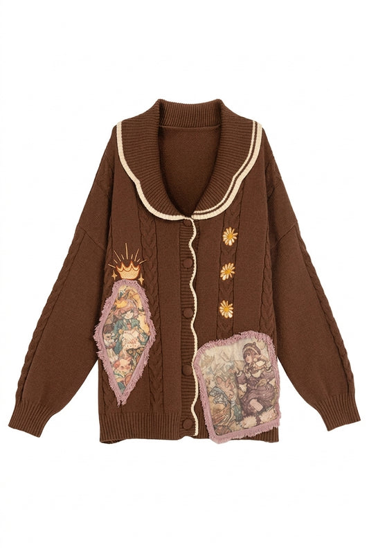 Mori Girl Patch Cable-Knit Cardigan